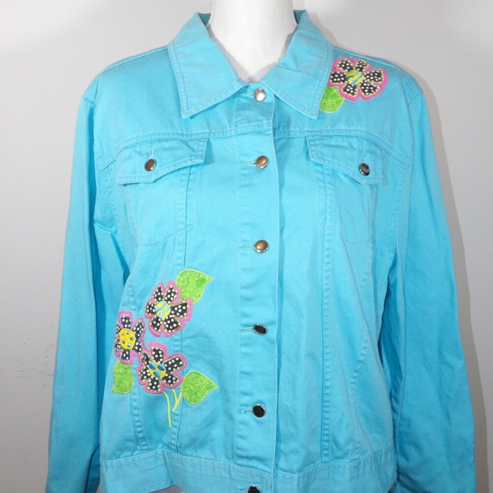 Share LIGHTHOUSE APPAREL embroidered appliqué daisy jean jacket turquoise Y2K Si